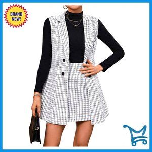 Plaid Vest Blazer and Skirt Set, Workwear 2-Piece Outfit, Business Casual